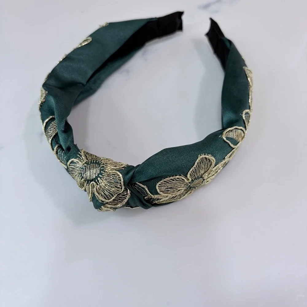 Emerald Green Satin Top Knot Headband Gold Floral Metallic‎ Embroidery Wide Hair